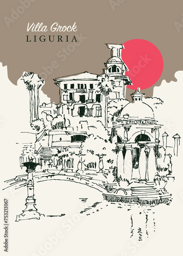 Drawing sketch illustration of the Villa Grock in Liguria, Italy