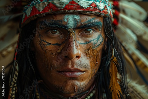 Portrait of a young man in Native American headdress with blue face paint and pensive look