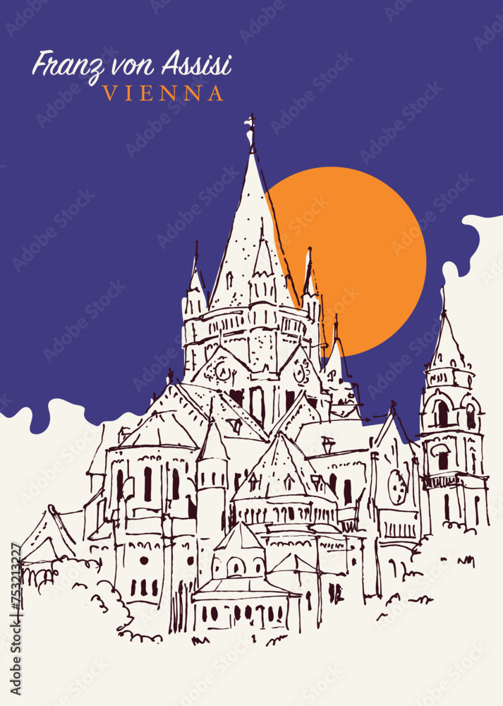 Drawing sketch illustration of the Franz von Assisi catholic church in Vienna, Austria