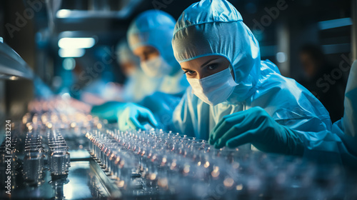 Professional team of scientists is working on a vaccine in a modern scientific research laboratory. Genetic engineer workplace. Future technology and science concept.