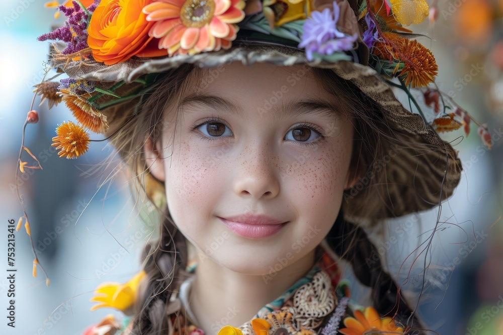 A delightful portrait of a cheerful child wearing a colorful floral hat adorned with autumn flowers A delightful portrait of a cheerful child wearing a colorful floral hat adorned with autumn flowers