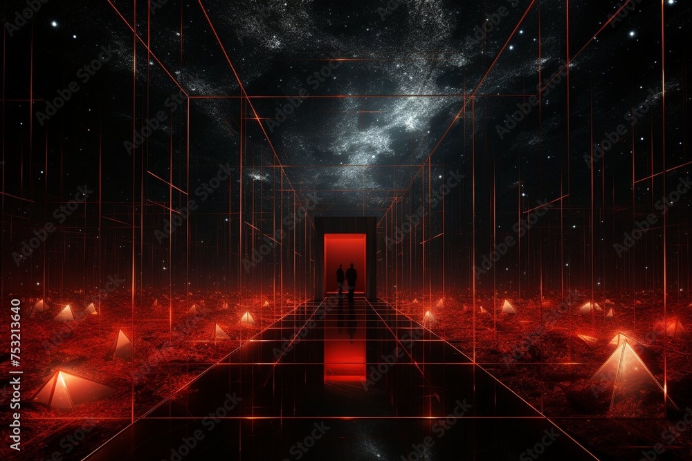 Abstract red cyber background with door in center.