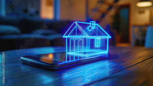 Holographic Smart Home Concept Displayed Over Smartphone on Wooden Table