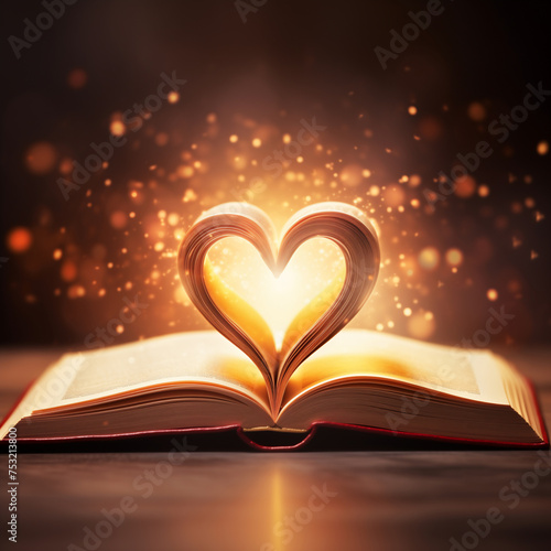 Open book with glowing heart-shaped pages and sparkling background. Love for literature and reading concept. Image for World Book Day event with copy space. 
