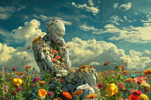 A surreal scene depicting a field of vibrant flowers blooming around a broken human sculpture, symbolizing life emerging from adversity photo