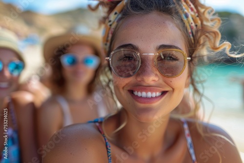 Close up of a joyful woman with sunglasses taking a selfie with friends blurred in the background