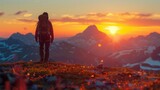 Person Standing on Top of Mountain at Sunset