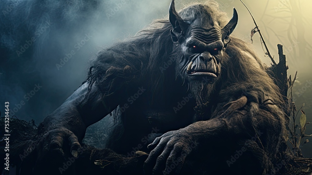 Majestic Creature With Large Horns in Dense Forest Majestic Creature With Large Horns in Dense Forest