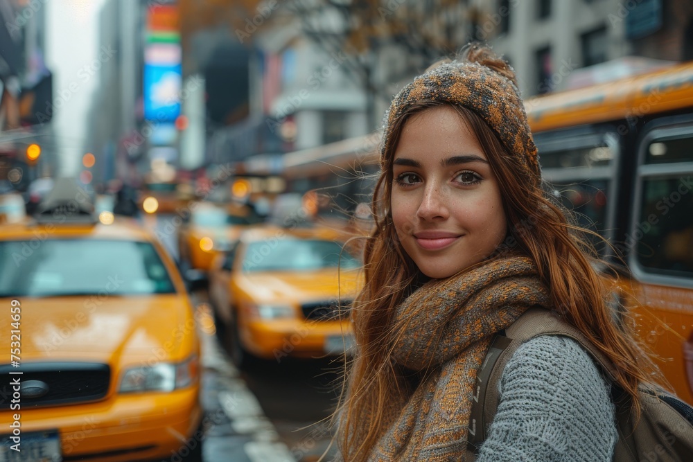 A stylish woman with a soft smile standing in front of busy city traffic with taxi cabs A stylish woman with a soft smile standing in front of busy city traffic with taxi cabs