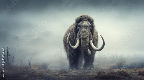 Wooly Mammoth Standing in a Foggy Field