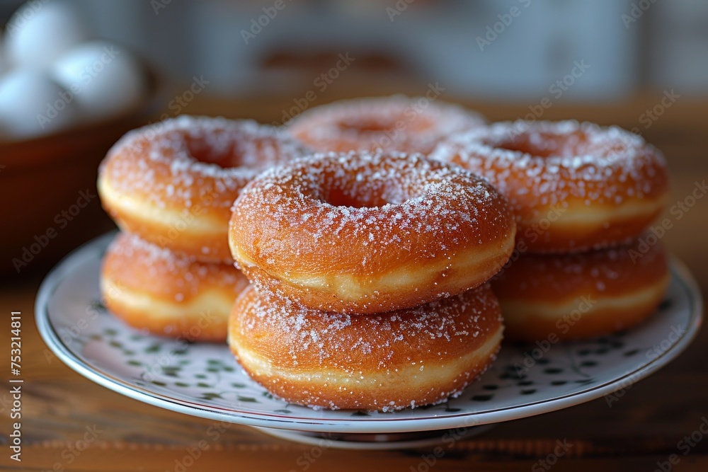 A pile of delectable donuts with a sugar glaze on a plate with a green pattern, perfect for a sweet craving A pile of delectable donuts with a sugar glaze on a plate with a green pattern, perfect for a sweet craving