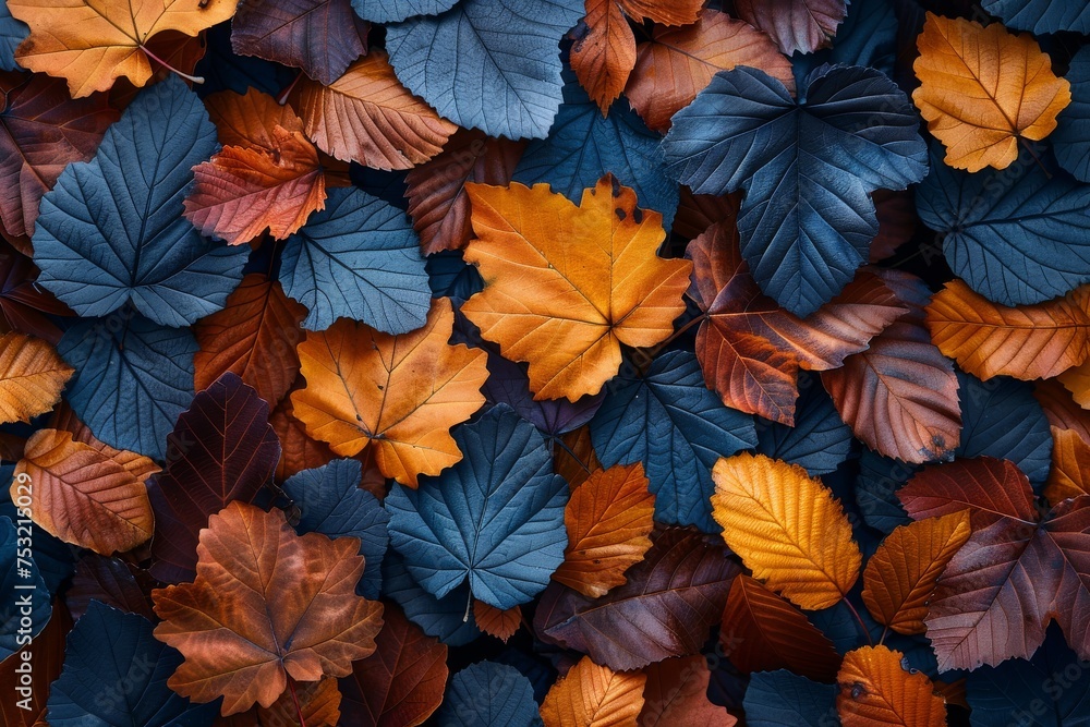 Patterned display of blue and orange maple leaves exemplifying the vibrant fall season Patterned display of blue and orange maple leaves exemplifying the vibrant fall season