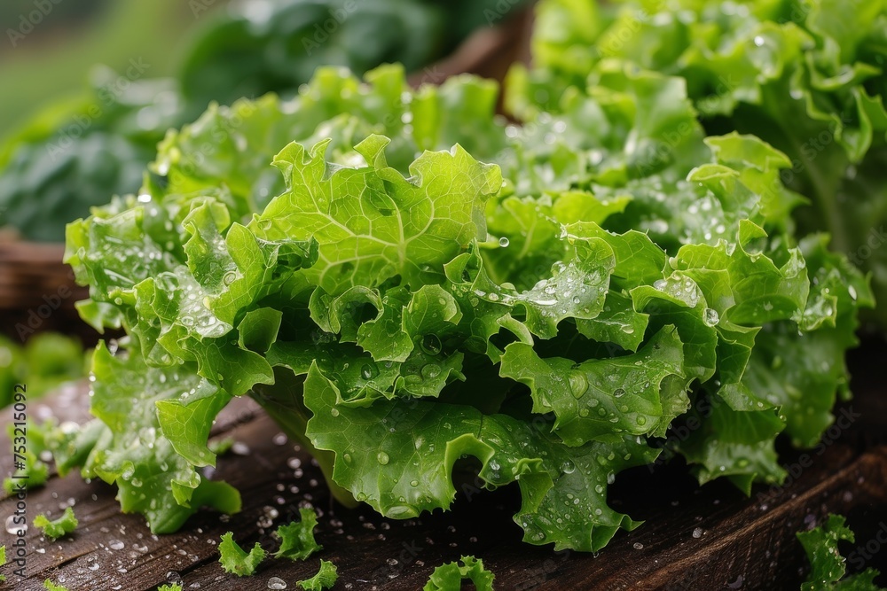 Close-up of green lettuce leaves with fresh water droplets on a wooden surface, indicating freshness and organic produce Close-up of green lettuce leaves with fresh water droplets on a wooden surface, indicating freshness and organic produce