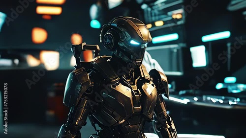 Futuristic robot in armor with lighting in a dark room full of electronic panels.
Concept: illustrations of technology, artificial intelligence, cybersecurity and video games, science fiction films  photo