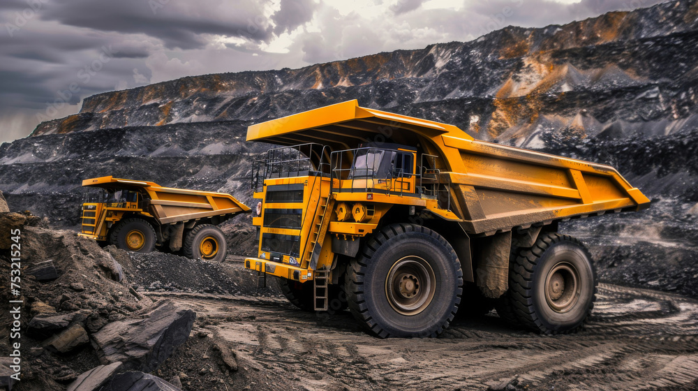 Title: Massive Yellow Mining Dump Trucks Operating in an Open-Pit Mine