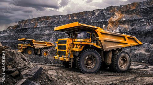 Title: Massive Yellow Mining Dump Trucks Operating in an Open-Pit Mine