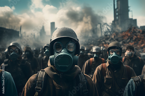 people in mask are walking in a dangerous radioactive zone ,smoke everywhere, battlefield, warzone