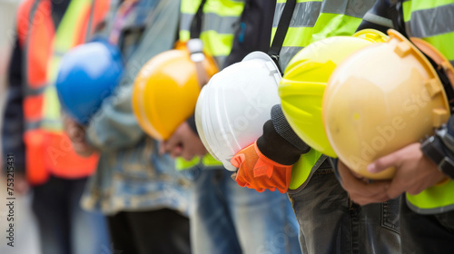 Line of Construction Workers Holding Hard Hats