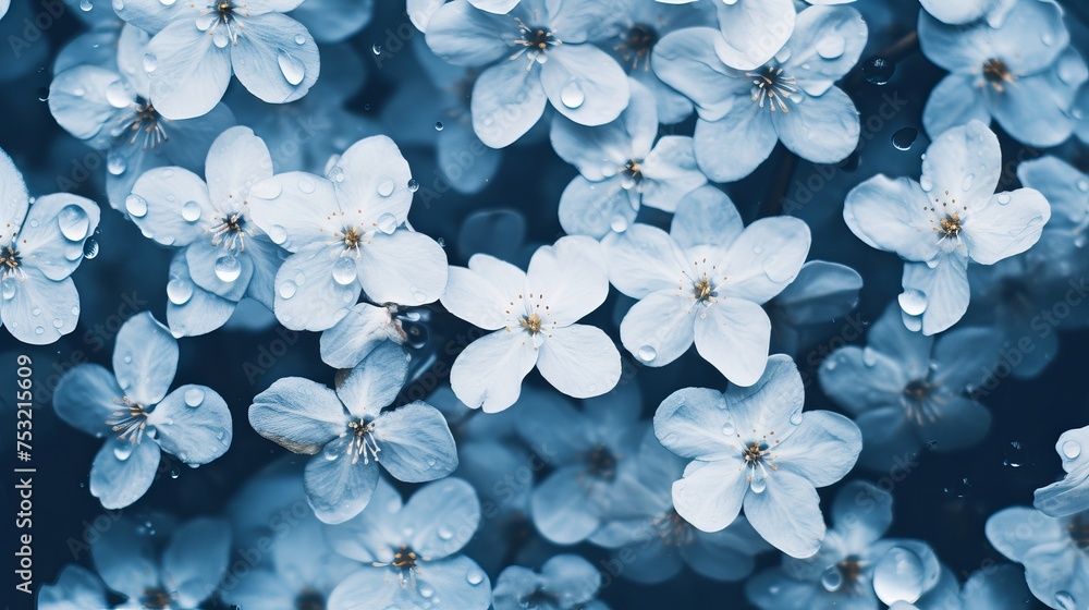 Tiny white spring flowers are captured in macro detail with a blue tone cyanotype effect, creating a delicate and ethereal image. Tiny white spring flowers are captured in macro detail with a blue tone cyanotype effect, creating a delicate and ethereal image.