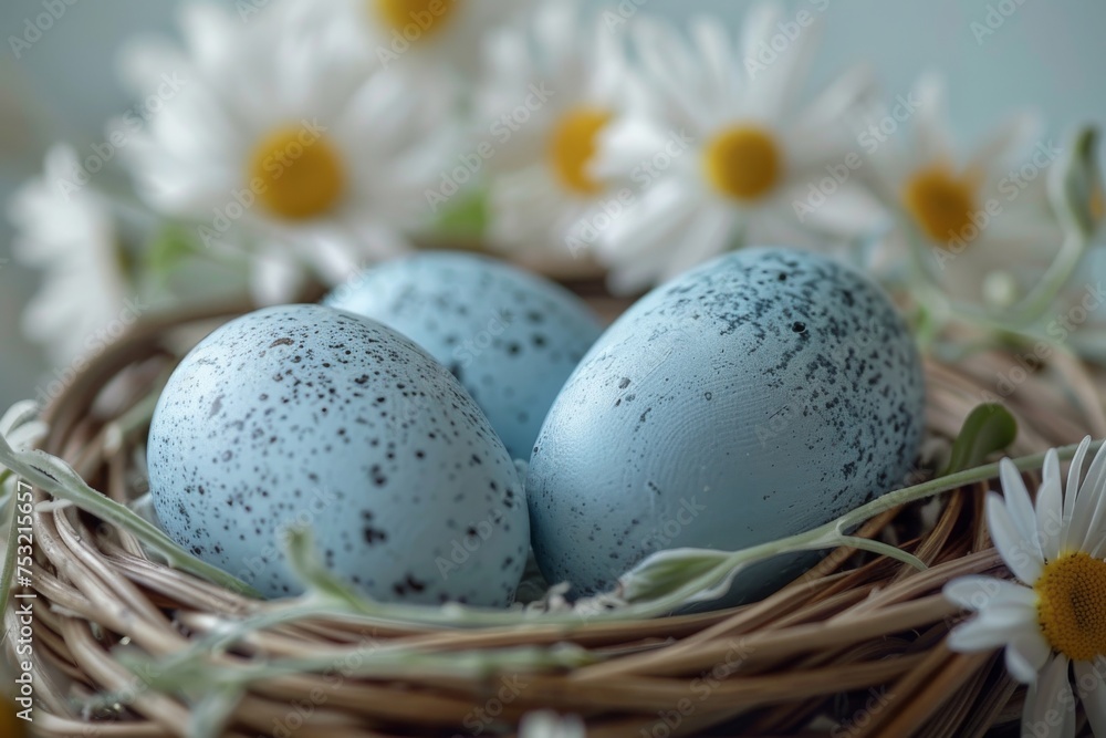 Three Blue Eggs in a Wicker Nest With Blue Flowers