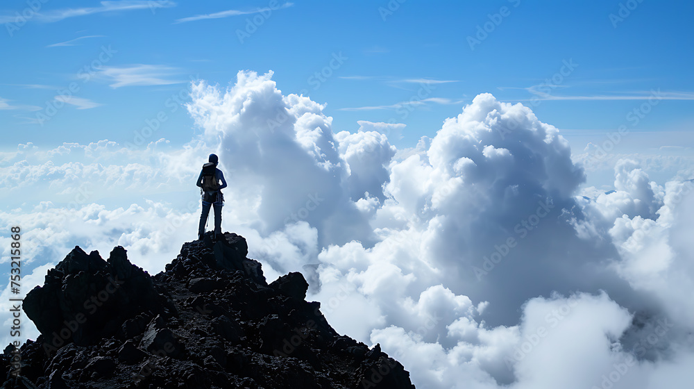 Silhouette of a Hiker on Mountain Peak Amidst Majestic Clouds