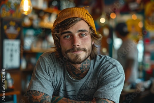 A tattooed man with a beanie gives a relaxed and approachable look in an urban setting photo