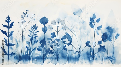 Weed and roots are depicted in a cyanotype print, showcasing the natural beauty of botanical specimens in shades of blue.