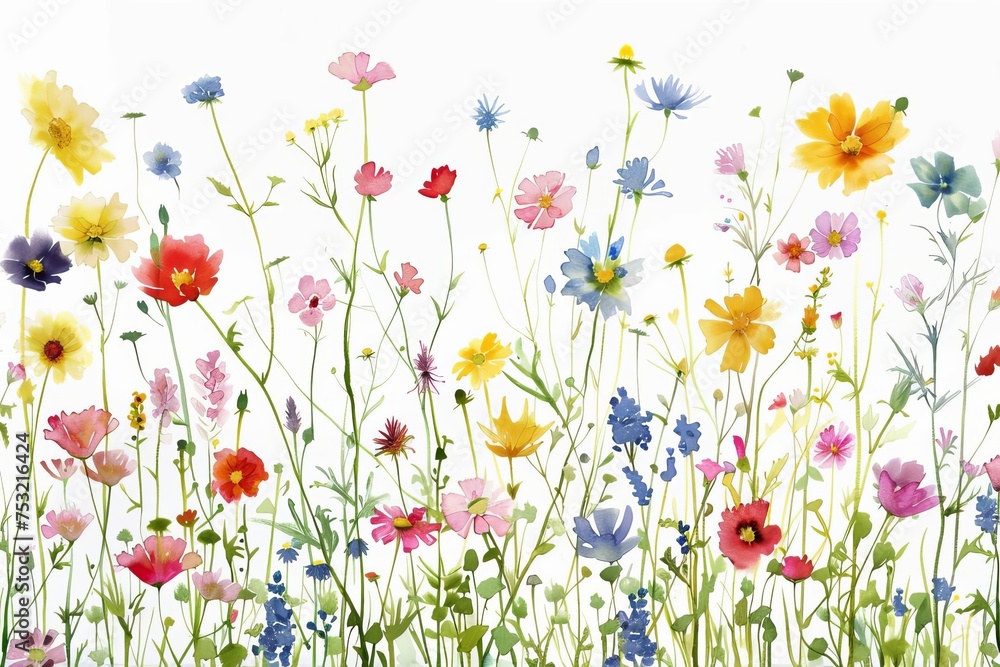Wildflower meadow in watercolor Featuring an array of colorful blooms against a white backdrop Wildflower meadow in watercolor Featuring an array of colorful blooms against a white backdrop