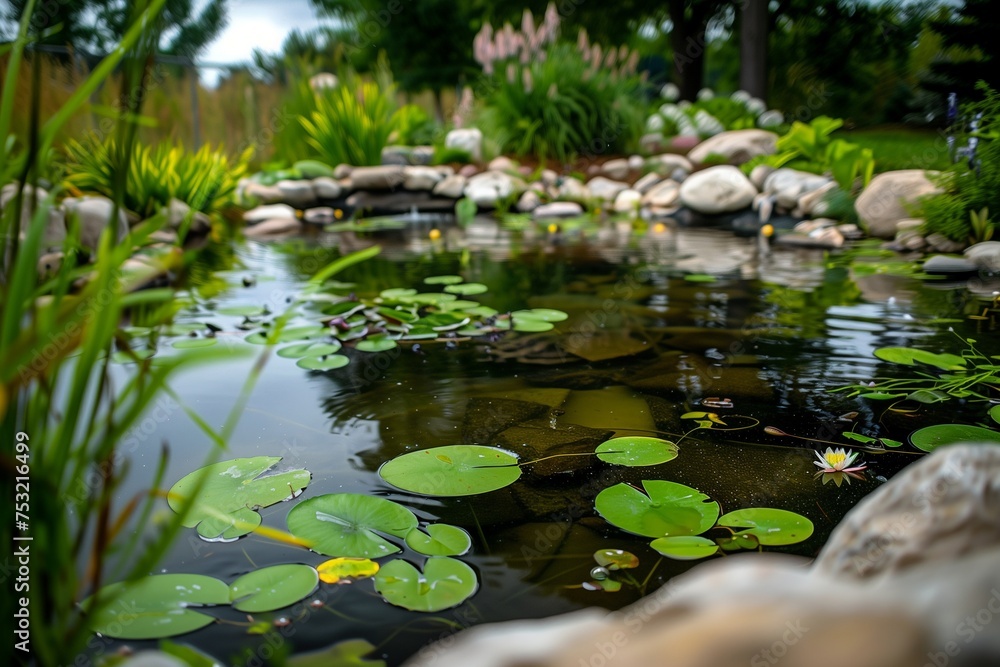 Water Conservation Awareness on Earth Day A Serene Pond with Rainwater Harvesting Systems in a Sustainable Landscape Water Conservation Awareness on Earth Day A Serene Pond with Rainwater Harvesting Systems in a Sustainable Landscape