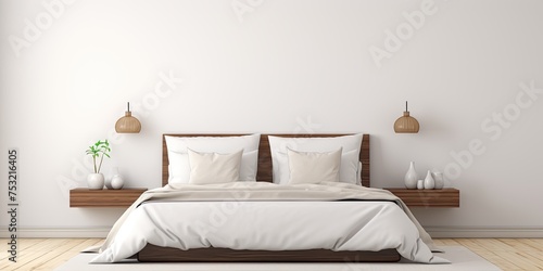 Minimalistic bedroom with white-linened bed and night table lamps.