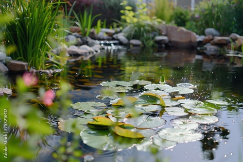 Water Conservation Awareness on Earth Day A Serene Pond with Rainwater Harvesting Systems in a Sustainable Landscape