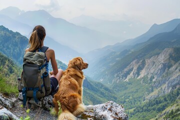 Backpacker woman enjoying a breathtaking mountain view with her loyal dog Illustrating the bond between humans and pets