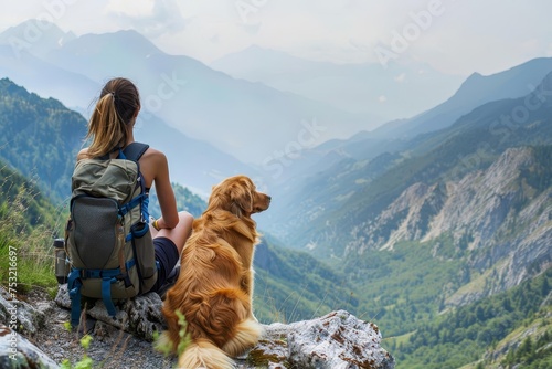 Backpacker woman enjoying a breathtaking mountain view with her loyal dog Illustrating the bond between humans and pets