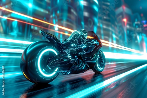A digital art illustration of a man riding a futuristic motorcycle through a city with tall buildings and bright neon and fluorescent light, cyber security technology concept