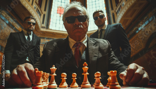 an elderly grandmaster plays chess at a tournament, checkmate. photo