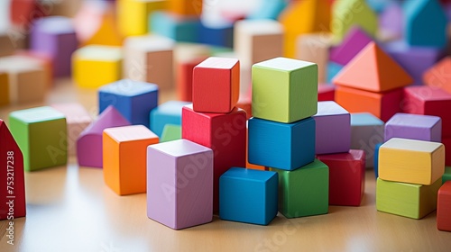 Wooden blocks in different primary shapes and colors are designed for children, offering educational and playful elements for learning and creativity.