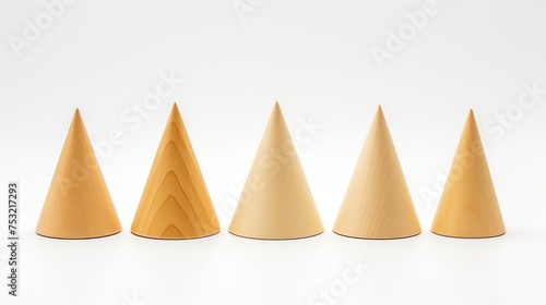 Wooden geometric shapes in the form of cones are isolated on a white background, offering versatile design elements.