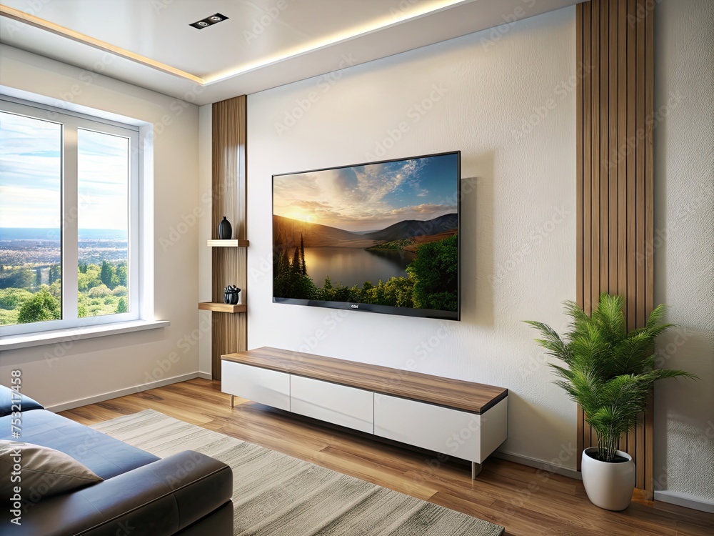 The TV is hanging right on the wall in a bright interior the view is straight generative ai The TV is hanging right on the wall in a bright interior the view is straight generative ai