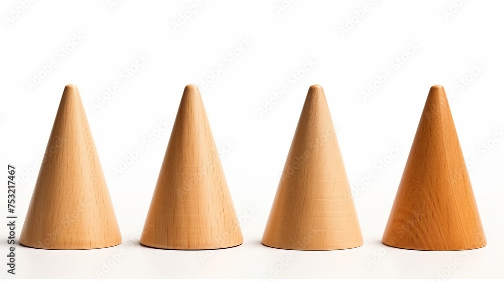 Wooden geometric shapes in the form of cones are isolated on a white background, offering versatile design elements. Wooden geometric shapes in the form of cones are isolated on a white background, offering versatile design elements.