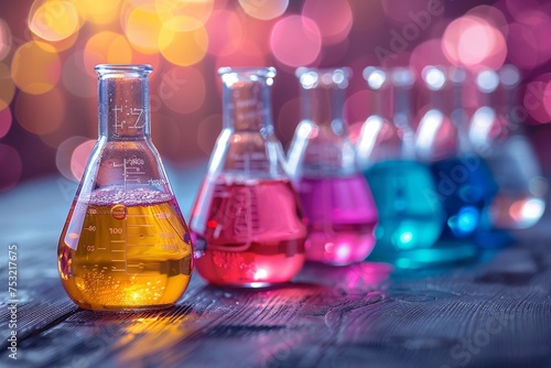 Bright yellow chemical solution in a conical flask against a colorful bokeh lights background in a research laboratory