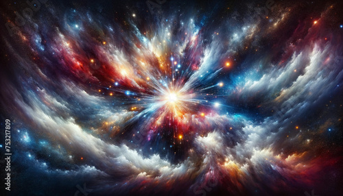 A imagem foi criada com um fundo galáctico e a cor reminiscente de uma explosão de estrelas, buscando capturar a magnificência do espaço e a vibrante energia de eventos estelares.