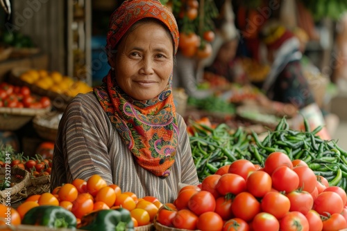 A straight-faced woman with traditional wear surrounded by fresh vegetables at a local market