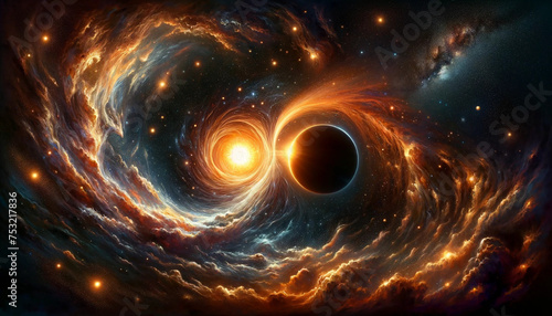  A imagem mostra um buraco negro e uma estrela nascendo, capturando sua interação dramática no cosmos abstrato, refletindo a criação e gravidade universais.