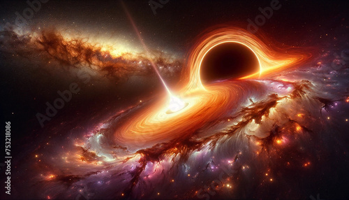 A imagem apresenta um buraco negro e uma estrela nascendo perto de uma galáxia espiral, destacando a majestade cósmica. Espera-se que atenda às expectativas. photo