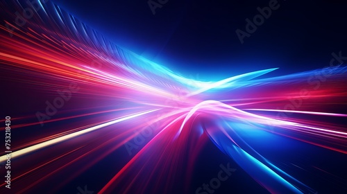 3D neon light effects create colorful glowing trails, representing motion blur and futuristic technology concepts.