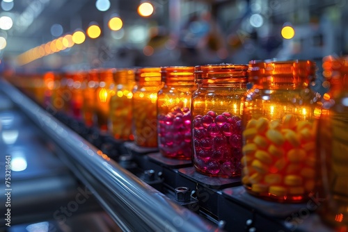 An assembly line carrying jars with orange beads is expertly illuminated in an industrial factory