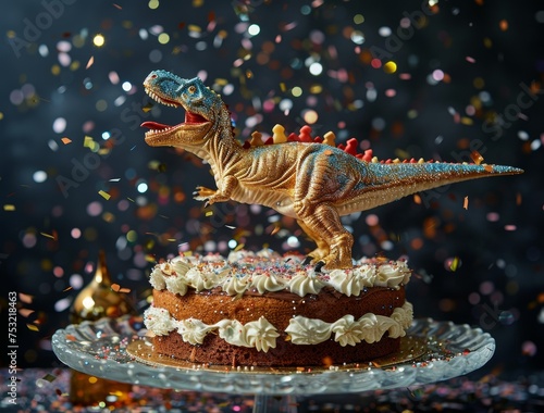 Sparkling Dinosaur Cake on confetti sparkles background