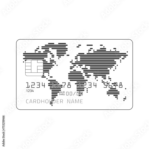 Silhouette Credit Card with worlds map. Empty plastic card template. Business and finance concept.