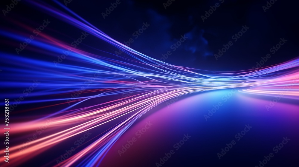 A 3D render presents abstract futuristic neon background with glowing ascending lines, resembling light trails on a road at night. It offers a fantastic wallpaper option.