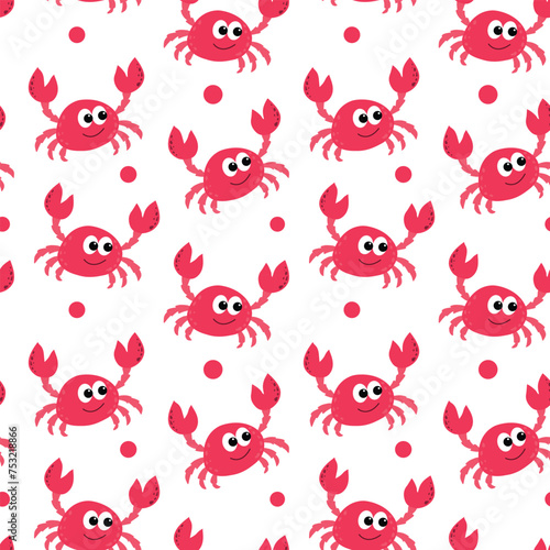 Vector seamless pattern with red crabs on white background.
